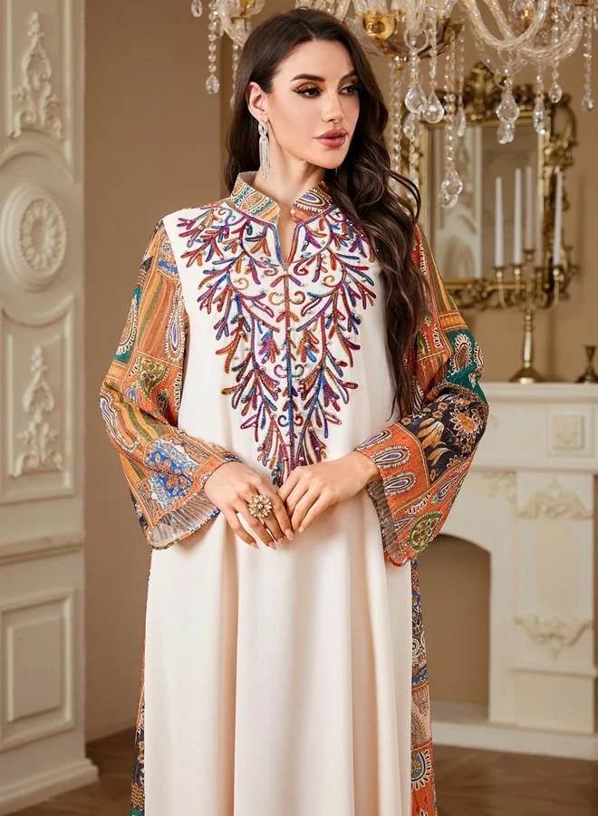 Take Two Women Embellished Faux Pearl Notch Neck Jalabiya